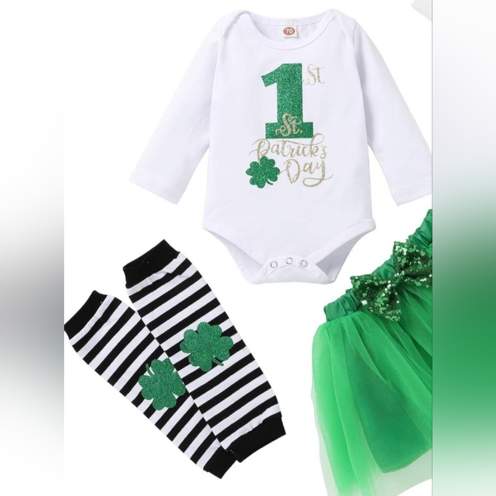 3Pcs Baby Girl My 1st St.Patricks Day Outfits Letter Print Romper Bodysuit+Tutu